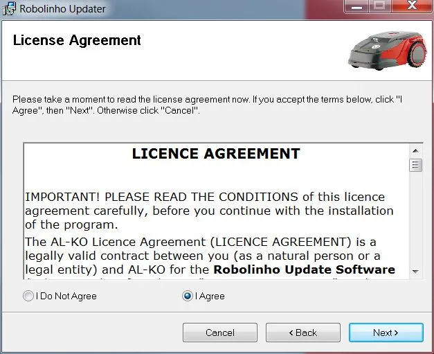 Робот-газонокосарка | Автоматичне оновлення AL-KO Robolinho® - Крок 2: Підтвердження ліцензійної угоди