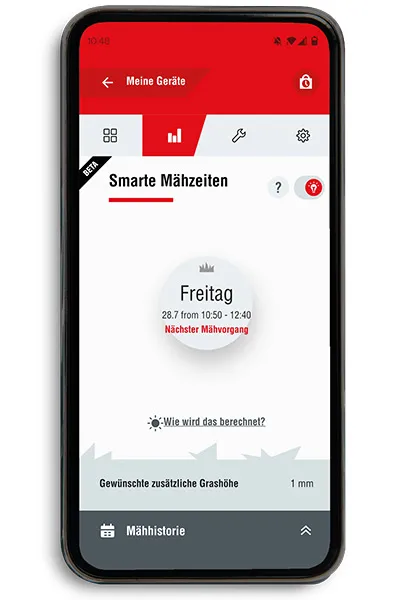   Bei den smarten Mähzeiten werden unterschiedliche Parameter wie Wetterdaten, selbst festgelegte Ausschlusszeiten und Garten-Gegebenheiten herangezogen, um eine passgenaue Empfehlung für den nächsten Mähvorgang zu geben.